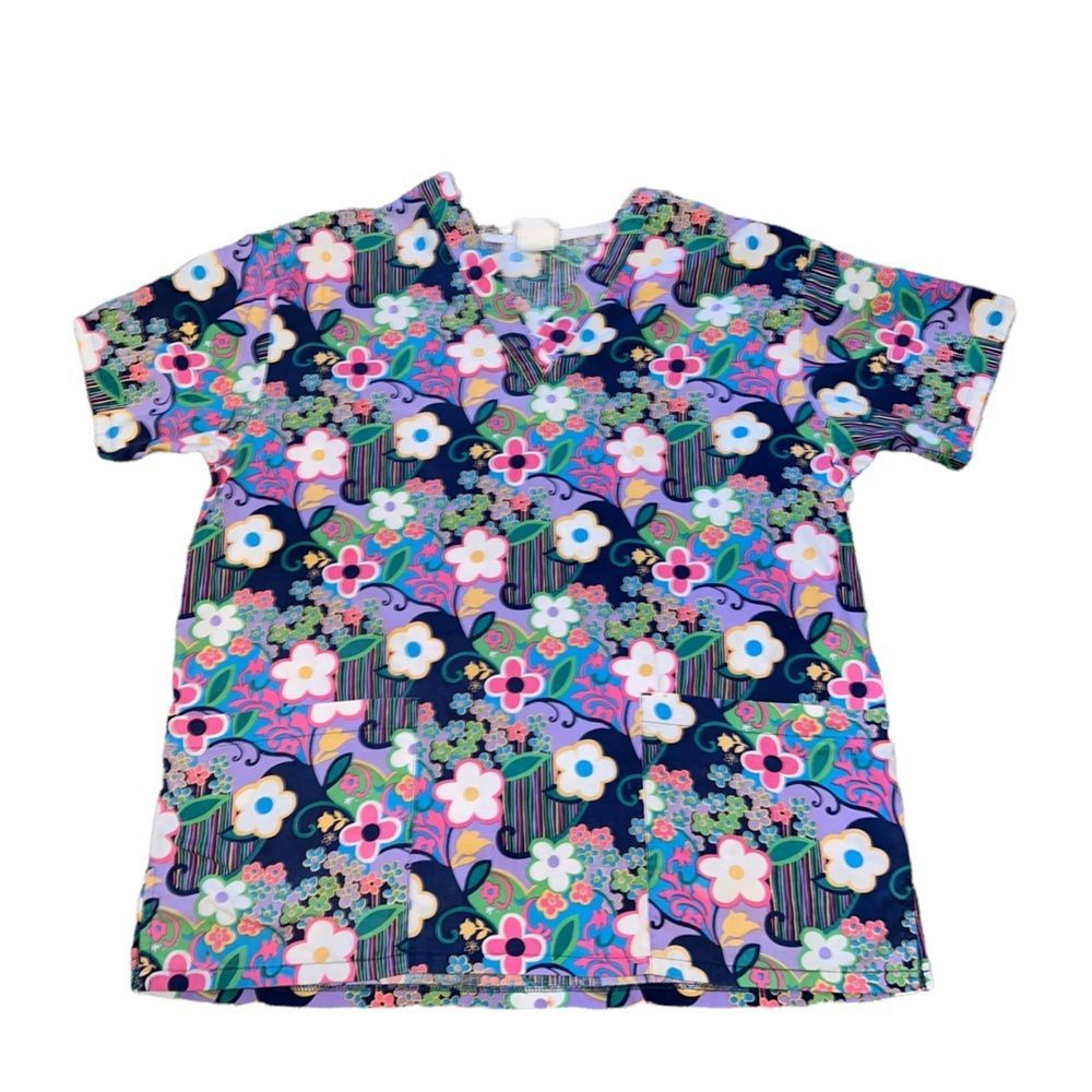 Peaches Floral Retro Daisy Scrub Top 70s Vibe Groovy Purple